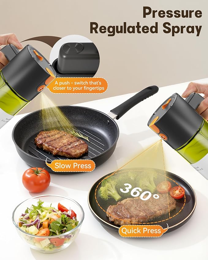 Upgrade 2 in 1 Oil Sprayer for Cooking, 17oz Light-Blocking Glass Olive Oil Dispenser Bottle for Kitchen,Food-Grade Oil Mister with 8 Stickers(2PCS)