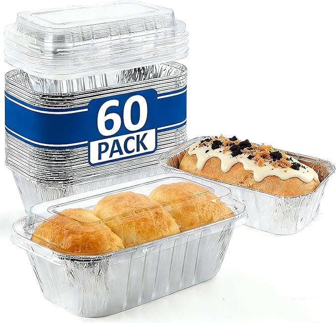 60 Pack 6"x3.5"x2" Disposable Aluminum Loaf Pans with Chear Lids, 1 lb Mini Foil Loaf Pans & Food Containers,Small Aluminum Tin Foil Baking Pan for Cakes, Bread, Meat, Loaves