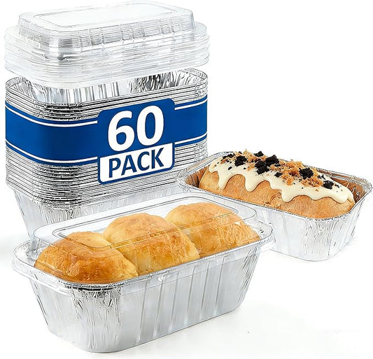 60 Pack 6"x3.5"x2" Disposable Aluminum Loaf Pans with Chear Lids, 1 lb Mini Foil Loaf Pans & Food Containers,Small Aluminum Tin Foil Baking Pan for Cakes, Bread, Meat, Loaves