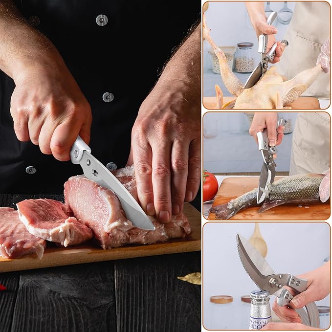 Kitchen Shears for food - Kitchen shears heavy duty Stainless Steel Poultry Shears for Meat Bones Seafood, All Purpose turkey shears, Detachable Blades, Ergonomic Handle, Dishwasher Safe Silver