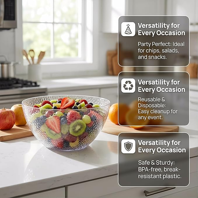 Suwimut 4 Pack Clear Plastic Serving Bowls, 135 OZ Large Round Plastic Bowls, 10 Inch Disposable Reusable Salad Mixing Bowl Buffet Containers for Catering, Party, Salad, Fruit, Chips, Popcorn, Snack