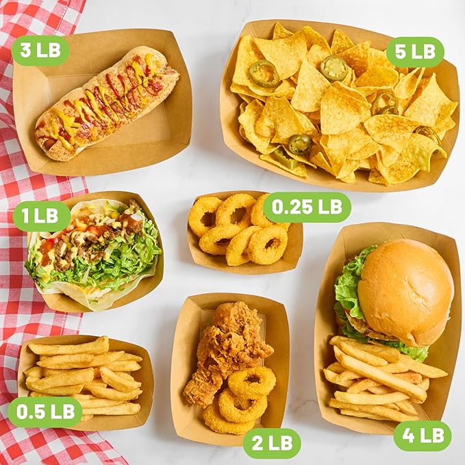 5 LB Extra Large Paper Food Trays, 100 Pack Disposable Nacho Trays Kraft Paper Food Boats Party Serving Baskets for Sandwiches Burgers Popcorns Snacks