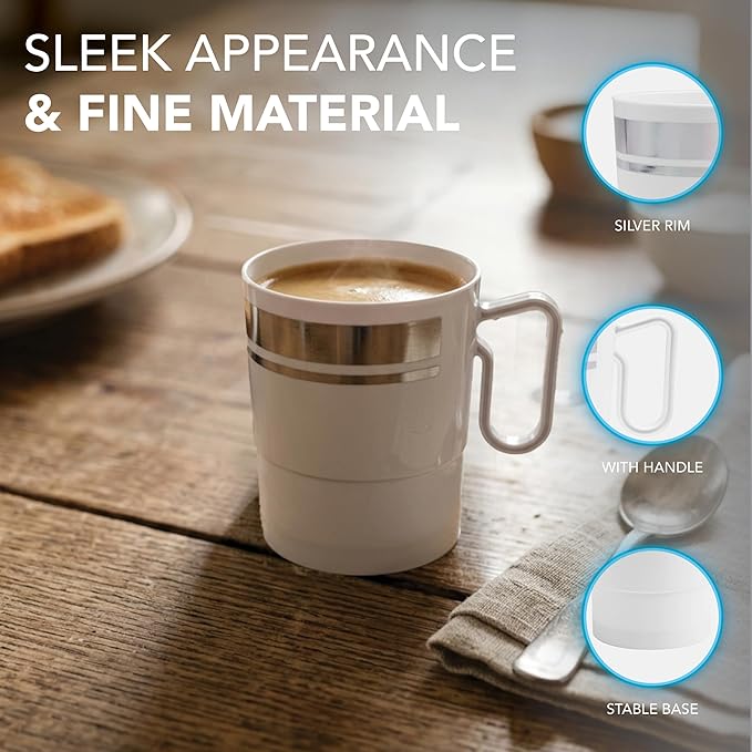 Party Essentials 8-Ounce Hard Plastic Coffee Cup/Tea Mug with Handle, 20-Count, White W/Silver Rim