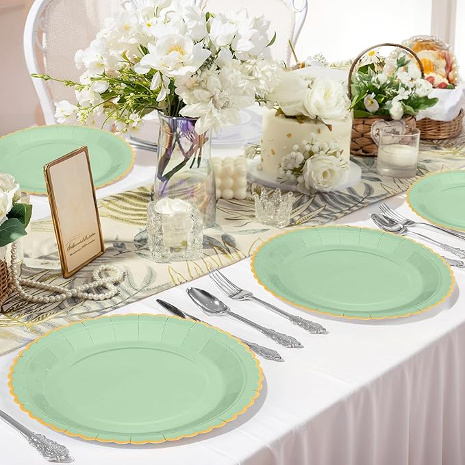 30 Pcs Sage Green Paper Plates, 9 Inch Easter Plates Sage Green Dessert Plates with Gold Scalloped Edge, Disposable Baby Shower Dinner Plates Party Supplies for Baby Shower, Wedding, Birthday