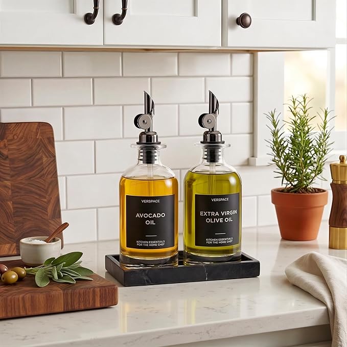Clear Glass Olive Oil Dispenser Bottles For Kitchen With Silicone Tray & 40 Labels, Soy Sauce Dispenser, Coffee Syrup Dispenser, Olive Oil Bottles Set Of 2, Black