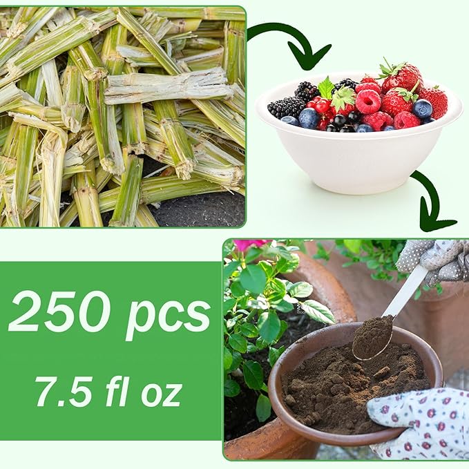 Yesland 250 Pack 8 oz Natural Biodegradable Sugarcane Bowls, White Small Disposable Paper Bowl Compostable Bagasse Soup Bowls, Microwave Chili Bowl for Salad, Dessert, Snack, Hot Soup