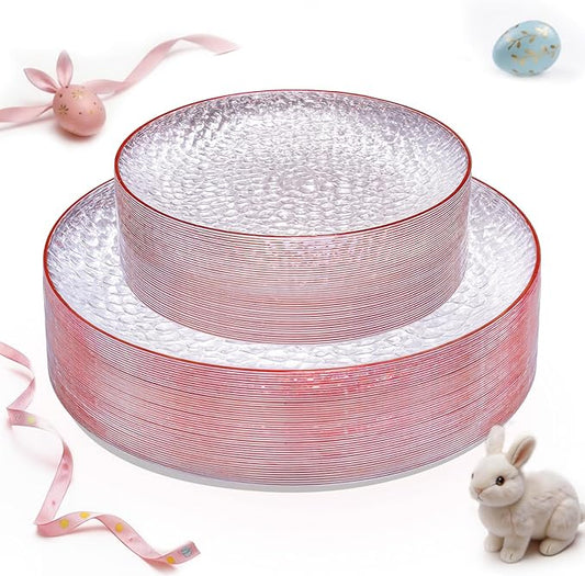 Rubtlamp 60Pcs Red Plastic Plates, Clear Plastic Plates With Red Rim, Heavy Duty Disposable Plates for Party, Fancy Hammered Plates Include 30 Red Dinner Plates 30 Clear Cake Plates