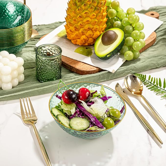 I00000 50 Pack 12 Ounce Clear Green Plastic Bowls Serving Bowls Hammered with Gold Rimmed, Heavy Duty Disposable Bowl Set,Small Bowls for Party Picnic