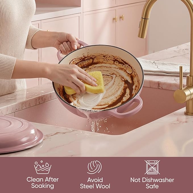 Vintage Style 3 Quart Enameled Cast Iron Braiser, Non Stick Enameled Cast Iron Skillet with Lid, Dutch Oven Skillet with lid up to 500°F for Oven, Stove, Grill, Shallow Dutch Oven for Cook, Bake (Pink)