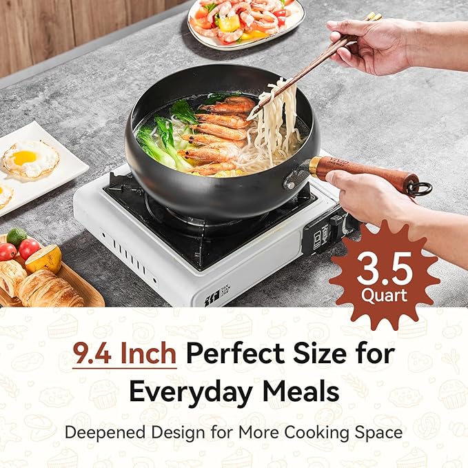 Carbon Steel Wok Pan with Lid, 9.4 Inch Big Belly Flat Bottom Wok, Coating-Free Stir Fry Pan for Gas, Electric, Ceramic & Induction, 3.5 QT Compact Wok for 1–3 Servings