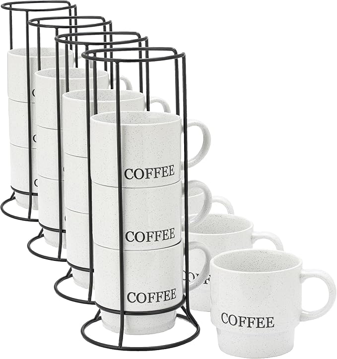 Signature Housewares Stackable Coffee Mug Tower Set with Metal Wire Rack - 15 Ounce for Tea, Cocoa, Milk, Cappuccino, Hot Chocolate Set of 4 - White Coffee (Pack of 4)