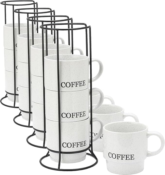 Signature Housewares Stackable Coffee Mug Tower Set with Metal Wire Rack - 15 Ounce for Tea, Cocoa, Milk, Cappuccino, Hot Chocolate Set of 4 - White Coffee (Pack of 4)