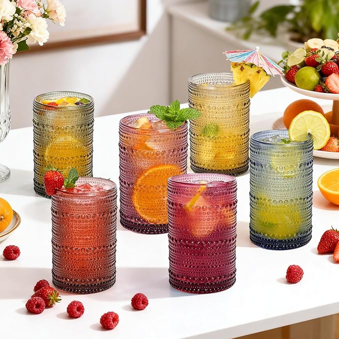 Colored Hobnail Drinking Glasses Set of 6, 12oz Vintage Kitchen Glassware, Embossed Design Water Glasses, Glass Cups, Water Tumbler for Beer, Juice, Cocktail, Whiskey, Milk