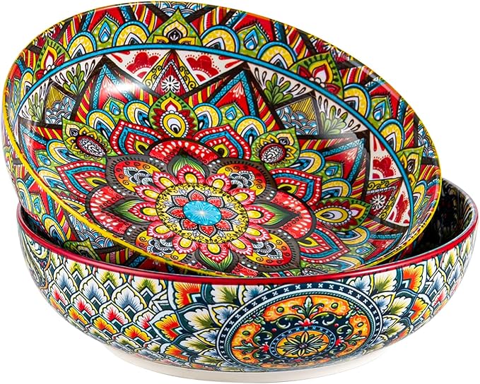 Henten Home Porcelain Pasta Bowls Set of 2, Ceramic 50 oz Soup Bowl, Colorful Large Salad Bowls, Bohemia Style Serving Bowls Set for Noodles, Microwave & Dishwasher Safe (Set A)