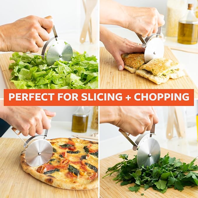 Full Circle Slice, Stainless Steel Precision Pizza Wheel with Safety Cover, Innovative Rotating Handle for Better Leverage, Dishwasher Safe