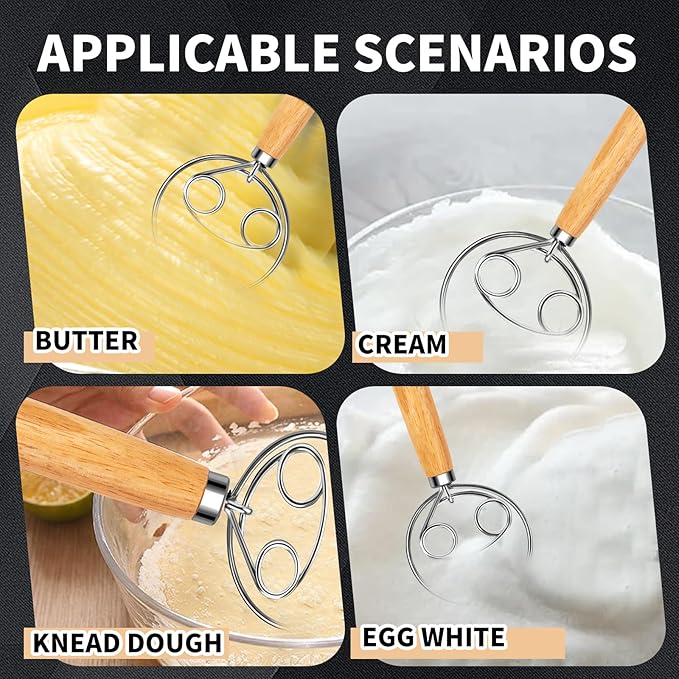 Danish Dough Whisk, Stainless Steel Dutch Whisk with Wooden Handle, Bread Mixer Tool for Sourdough Baking, Pastry & Pizza