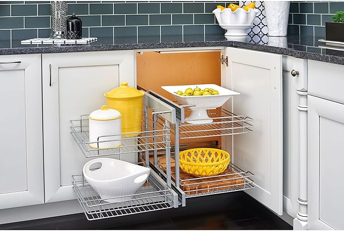 Rev-A-Shelf Chrome Two-Tier Wire Bottom Optimizer for 15" Blind Corner Cabinet Openings, Storage Organizer with 4 Shelves, 5PSP-15-CR