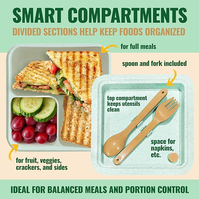 Lunch Box for Kids, Large 2-Compartment, Durable and Microwave Safe, BPA-Free with Utensils, Wheat Straw Bento Box for Kids – Green