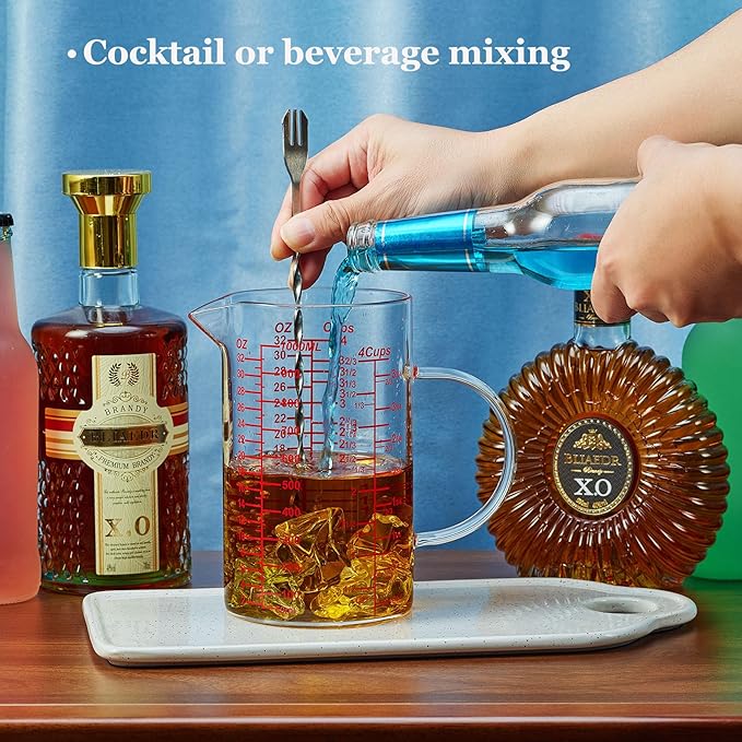 Ackers Mirror Graduated Glass Measuring Cup - [Insulated Handle | V-Shaped Spout] - High Borosilicate Glass Measuring Cup for Kitchen or Dining, Easy to Read, 1000ml (32oz, 4 Cup)