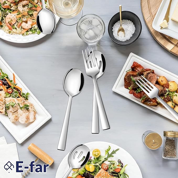E-far Serving Utensils Set of 6, Stainless Steel Large 2 Serving Spoons 2 Slotted Spoons 2 Forks for Buffet/Parties/Catering, Mirror Polished & Dishwasher Safe