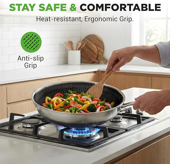 NutriChef 12" Stainless Steel Wok - Induction ready, Non Stick Tri-ply technology, Scratch-resistant Honeycomb Fire Textured Pattern