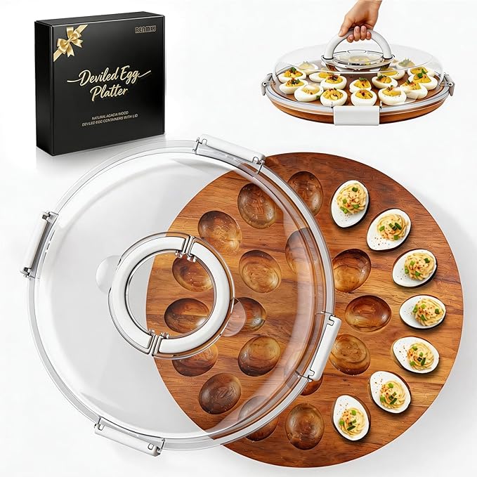 Deviled Egg Containers with Lid, Easter Gifts Set (24 Eggs), 2026 Upgraded Acacia Wooden Deviled Egg Tray Platter for Party and Home Kitchen, The Lid is Dishwasher Safe (White)