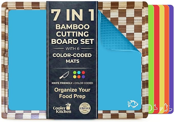 Cooler Kitchen Cutting Boards for Kitchen - Checkered Bamboo Cutting Board Set with 6 Color-Coded Flexible Chopping Mats, Easy Clean Wood and Dishwasher-Safe Plastic, Large 17x12, Knife-Friendly