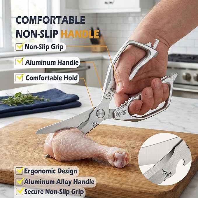Heavy Duty Kitchen Shears Set of 2, Stainless Steel Kitchen Scissors for Cutting Chicken, Meat & Bones, Aluminum Alloy Handle, Ultra Sharp Serrated Blades, Dishwasher Safe