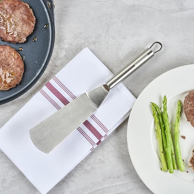 Restaurantware 11" Stainless Steel Turner - German Standard Kitchen Spatula with Ergonomic Handle, Heat-Resistant - Heavy-Duty Steel Spatula for Flipping Burgers, Eggs, Meat