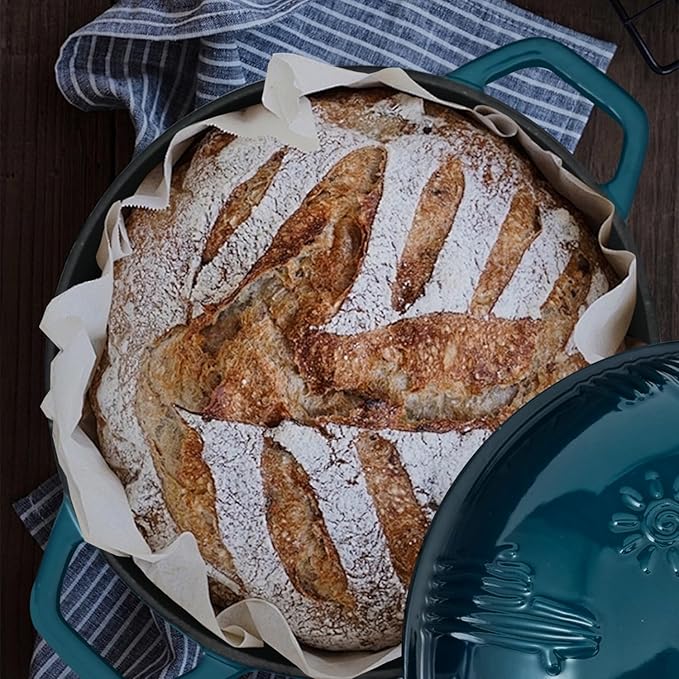 Bread Oven Cast Iron Bread Dutch Oven with Cloche Lid for Bread Baking Darkcyan Enameled Cast Iron Bread Oven with Dome Lid for Sourdough, 9.8 Inches