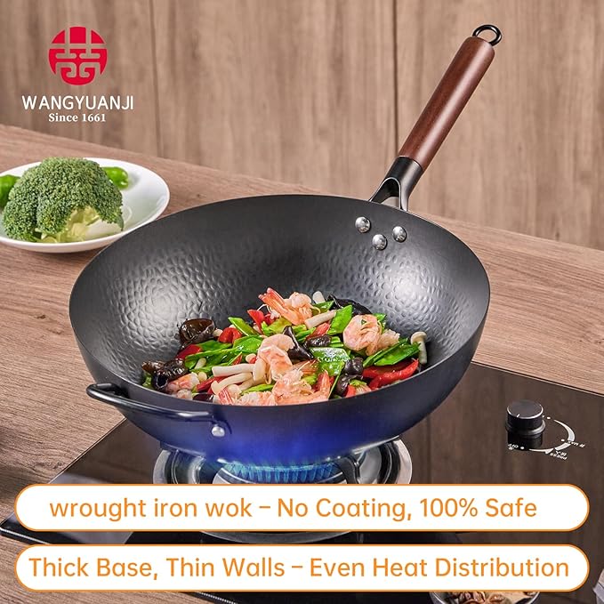WANGYUANJI 13.4"Carbon Steel Wok Pan with Lid (34cm),Large Flat Bottom Stir Fry Pan for Electric,Induction & Glass Top Stoves, High Stability No-Wobble Design, Lightweight Chinese Cookware, 4-6 People