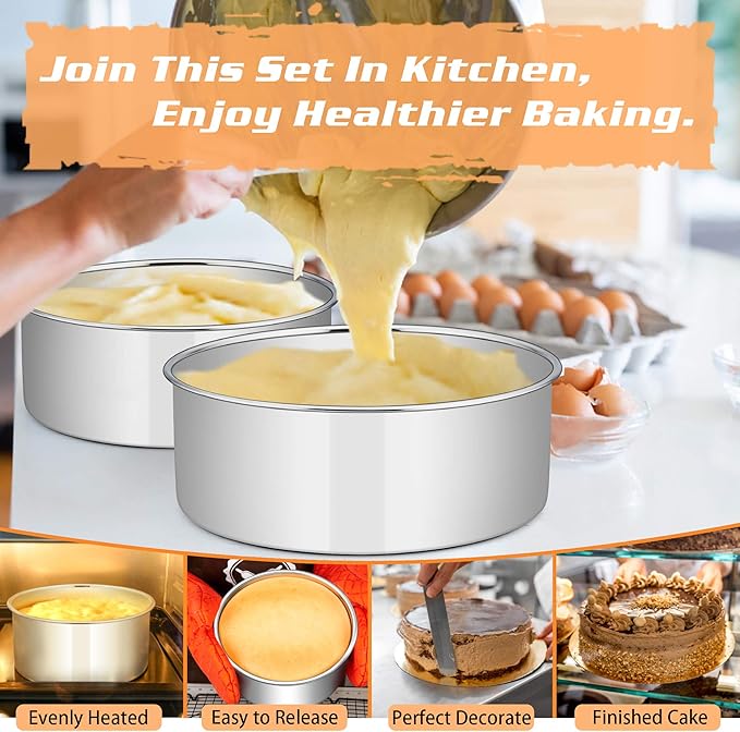 E-far Cake Pans Set of 3, 8 x 3 Inch Stainless Steel Round Cake Baking Pans, Deep Metal Cake Tins for Wedding Birthday, Non-toxic & Dishwasher Safe, Mirror Finish & Straight Side