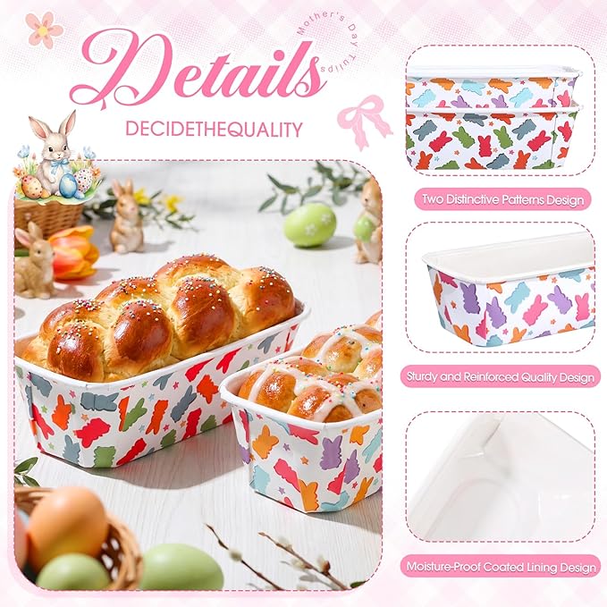 LemonRoad 100 Pcs Easter Bunny Mini Loaf Pans with Lids 6.3 x 2.2 x 2.2 Inch Disposable Paper Baking Pans Bulk, Easter Baby Shower Baking Party Supplies for Cake Bread Oven Bakery