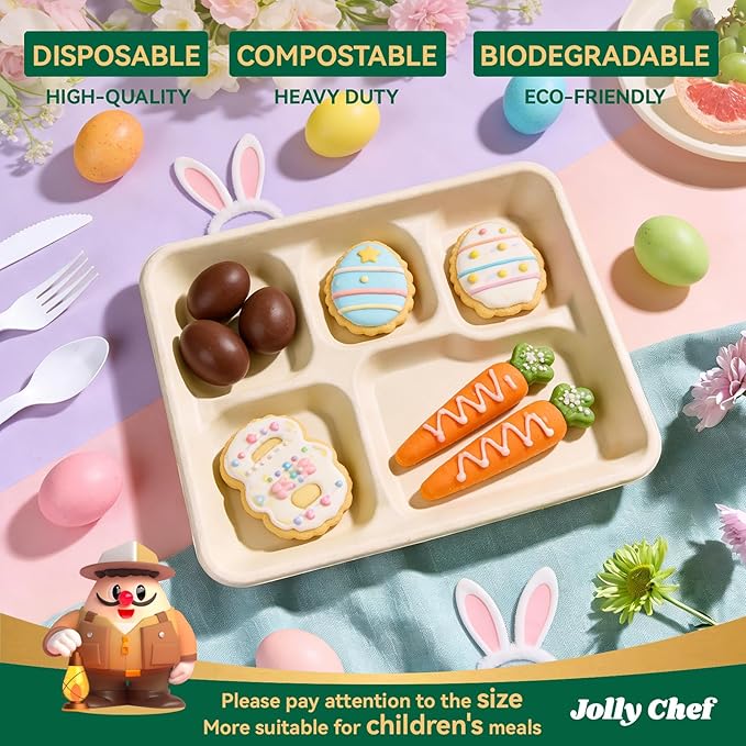 JOLLY CHEF Compostable 𝟱 Compartment Paper Plates 10 * 8.25 * 1 𝗶𝗻𝗰𝗵 [𝟱𝟬𝟬 𝗣𝗮𝗰𝗸] Small Heavy Duty Divided Disposable Eco-Friendly Biodegradable Food Trays for School Lunch Christmas(Brown)