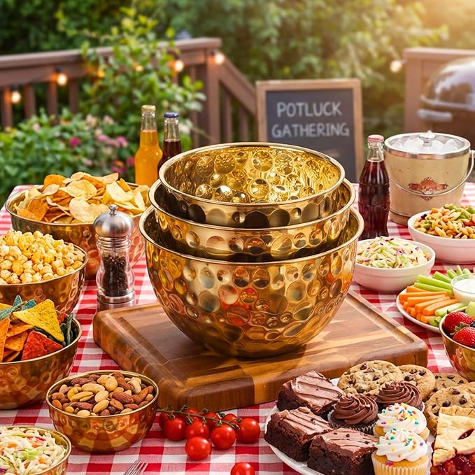 Gold Mixing Bowls Hammered Mixing Bowl Set, Stainless Steel Golden Finish Decorative Serving Bowls for Kitchen, 3 Piece Salad Bowl for Prepping Cooking Baking Serving Gold Serving Bowls for Home Decor
