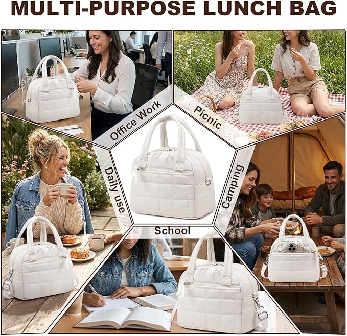 LEDAOU Lunch Box for Women Lunch bag Quilted Puffer Lunch Box with Adjustable Strap Insulated Reusable LunchBox for Work School Picnic Travel