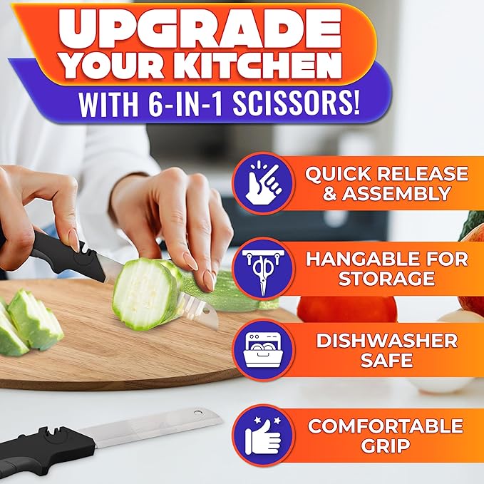 Cutting Board Scissors 7-in-1 – Kitchen Shears Heavy Duty with Built-In Mini Board, Ribbed & Flat Blades, Spring-Assist & Safety Lock – Dishwasher-Safe Meat Scissors for Fruit, Veggies & Meat Prep