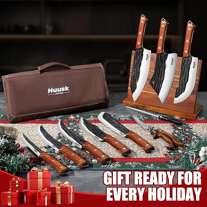 Huusk Butcher Knife Set, Hand Forged Butcher Chef Knife Set with Bag, Sharp Meat Cleaver & Bbq Carving Knives & Boning Breaking Knives for Kitchen & Camping, Christmas Gifts for Men Women