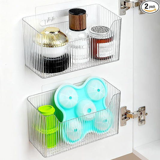 2 Pack Cabinet Door Organizer, Adhesive Wall Mounted Organizer Bins, Clear Storage Caddy, Stackable Basket for Kitchen Cabinets, Bathroom, Pantry, Office, and Tabletop Organization