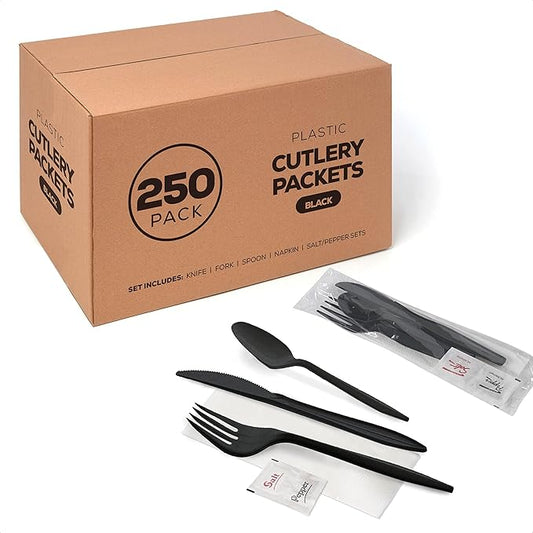 250 Plastic Cutlery Packets - Knife Fork Spoon Napkin Salt Pepper Sets | Black Silverware Sets Individually Wrapped Cutlery Kits, Bulk Plastic Utensil Cutlery Set Disposable To Go Silverware