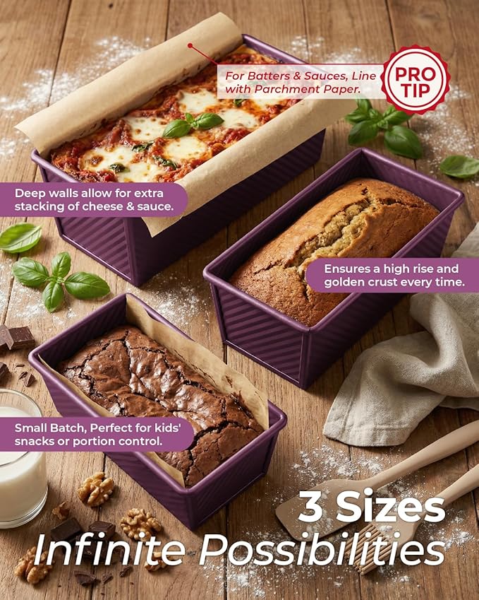 CARTMAN 3-Piece Pullman Loaf Pan with Lid Set – Non-Stick Carbon Steel Bread Pan with Bottom Vents – Includes Large (12.4"), Medium (8.2") & Mini (6.3") Sizes plus Silicone Tools – Plum Purple