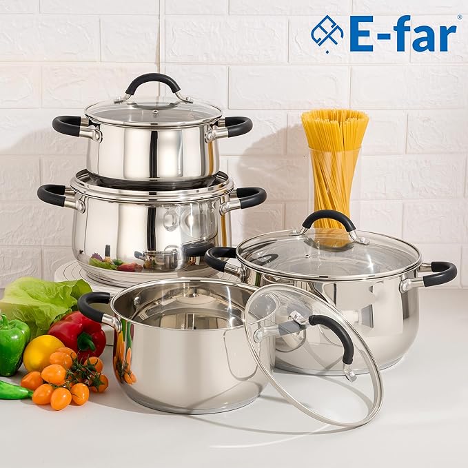 E-far Stainless Steel Stock Pot, 8 Quart Large Cooking Pot with Glass Lid for Boiling Pasta Soup Sauce, Tri-Ply Induction Thick Base for All Stoves, Cool-Touch Handles & Dishwasher Safe