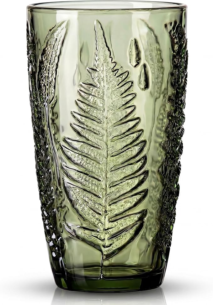 Vintage Green Drinking Glass, 16 oz Hand-Pressed Deep Textured Glass Cup, Fern Embossed Retro Glassware, Decorative Tumbler for Water, Cocktails & Juice, Boho Colored Kitchen Drinkware, Unique Gift