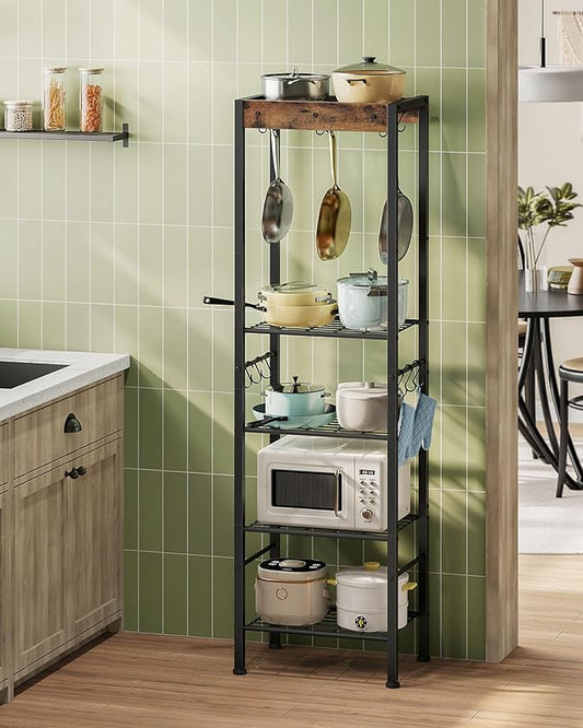 5-Tier Pot Rack, Floorstanding Pots and Pans Organizer, Kitchen Bakers Rack, Kitchen Island Table, Pots and Pans Organizer, Storage Stand, for Living Room, Rustic Brown and Black TPR16BF