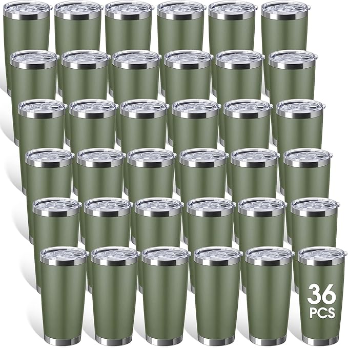 Sieral 36 Pack Stainless Steel Tumblers Bulk with Lids Double Wall Vacuum Insulated Coffee Cups Blank leakproof Powder Coated Tumblers for Engraving Wedding Graduation Party Favors(20 oz,Army Green)