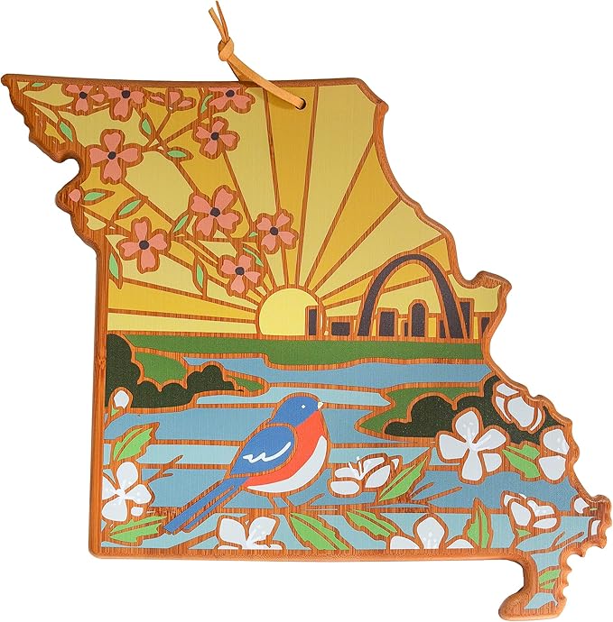 Totally Bamboo Missouri State Shaped Cutting Board and Charcuterie Serving Platter with Artwork by Summer Stokes, Includes Hang Tie for Wall Display