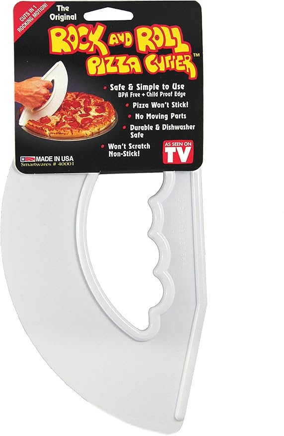 Rock and Roll Pizza Cutter, Plastic, Non-Stick, Rocking, 9 inch, Easy Clean, Dishwasher Safe, Handheld Pizza Slicer, Easier Slicing Tool, Baking Tools, Pastry Bread Cutting Knife, Made in USA, White