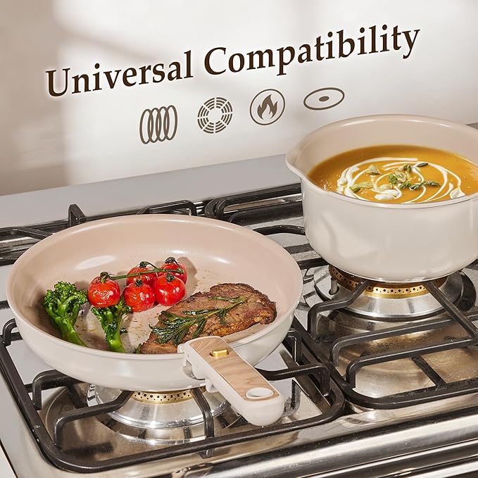 CAROTE 19PCS Ceramic Nonstick Cookware Set, Pots and Pans Set with Detachable Handle, PFAS-Free Non-Toxic, Induction & Oven Safe, Stackable Space-Saving, Taupe