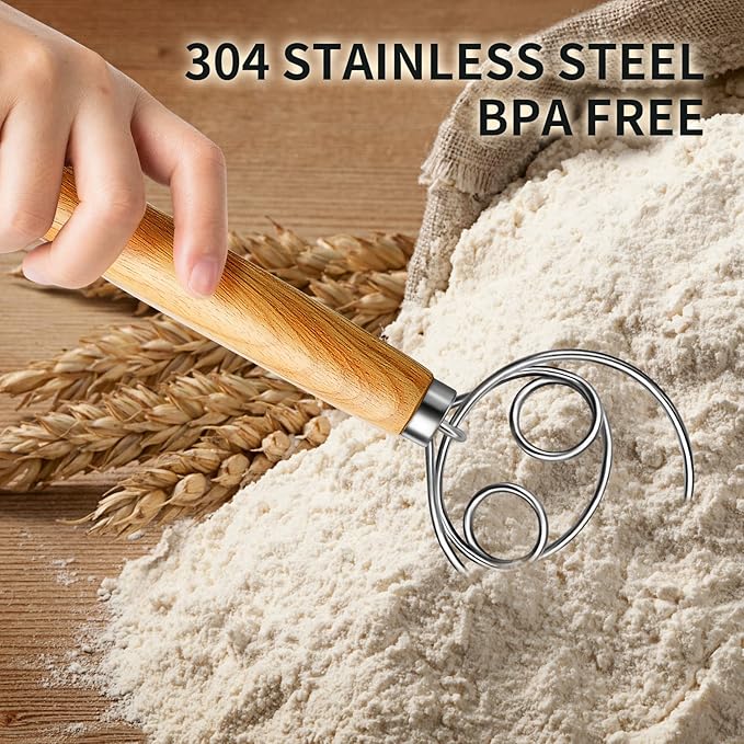 TEEVEA Danish Dough Whisk Stainless Steel Dough Hook Dutch Whisk for Sourdough Bread Mixer Hand with Wooden Handle Kitchen Whisking Mixing Tool Bread Making Tools