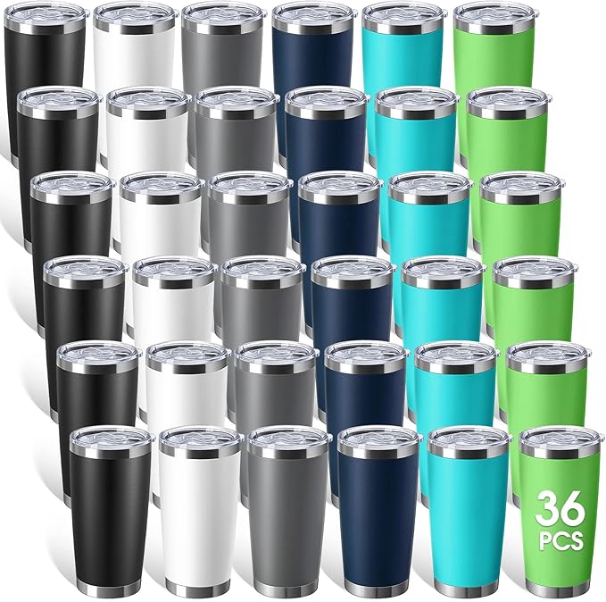 Sieral 36 Pack Stainless Steel Tumblers Bulk with Lids Double Wall Vacuum Insulated Coffee Cups Blank leakproof Powder Coated Tumblers for Engraving Wedding Graduation Party Favors(20 oz,Multicolor)